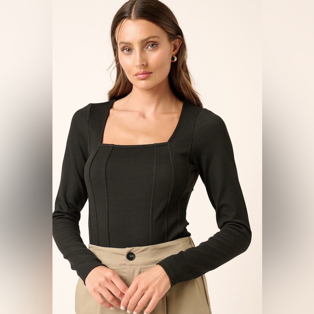 NWT MITTOSHOP Texture Rib Knit Corset Detail Bodysuit in Black